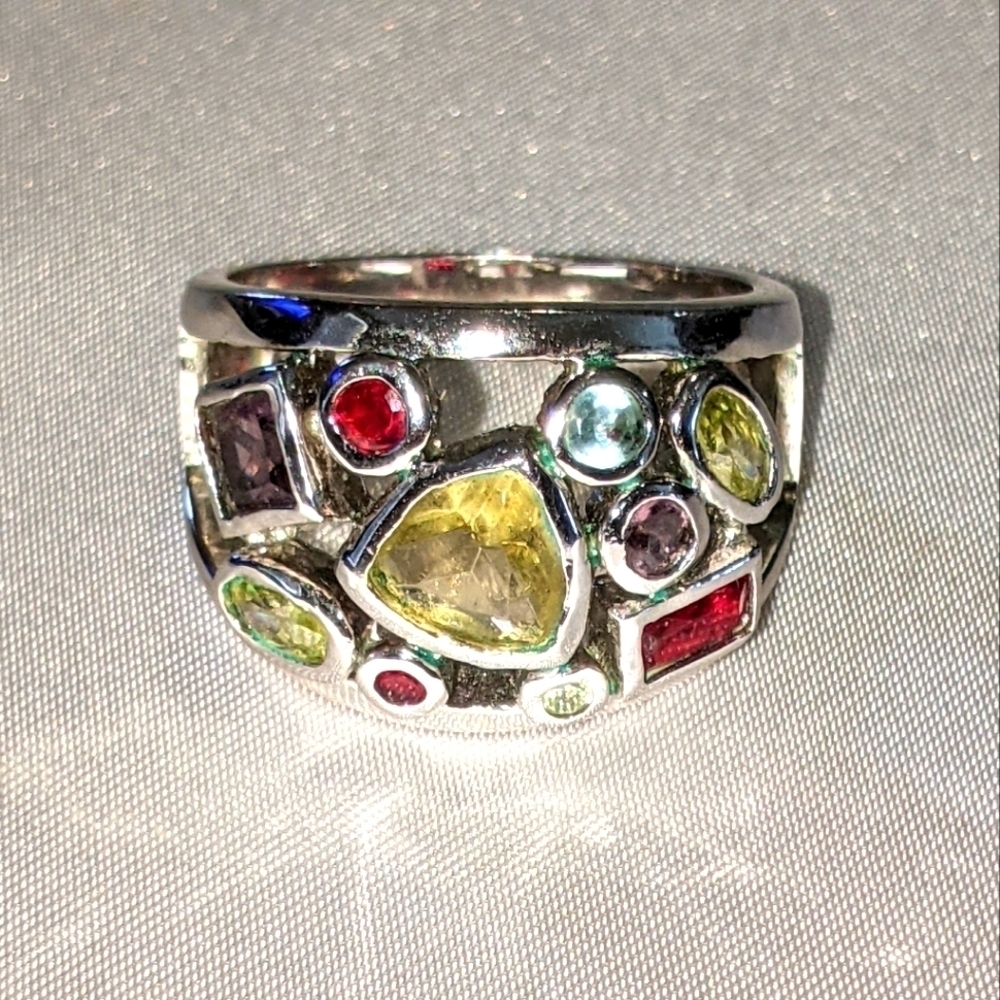 Lia Sophia Panorama Ring Multicolor Crystal Rhodium Plated Size 9.5 Geometric